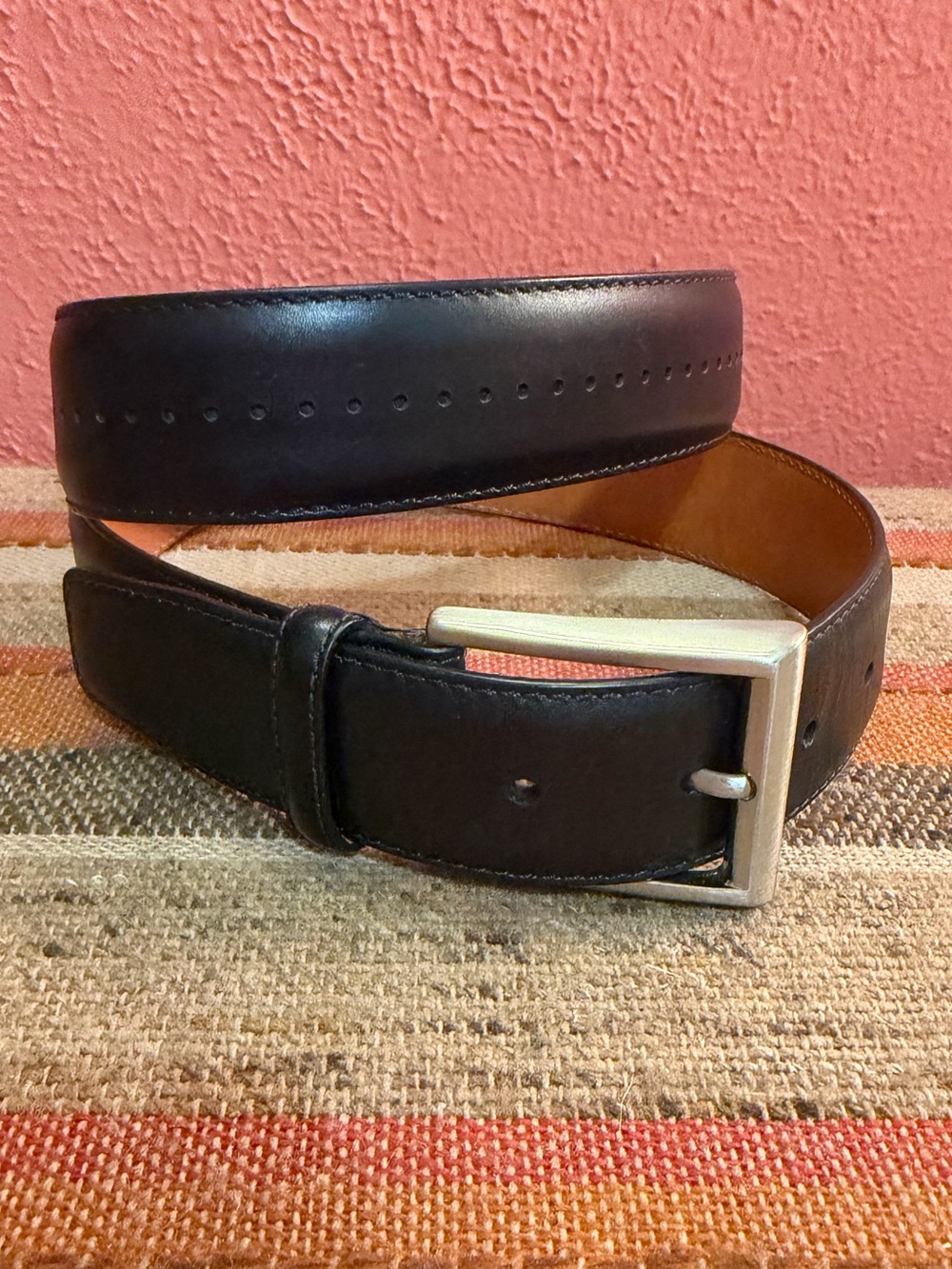 Magnanni Anza Calfskin Black Leather Belt Perforated Brushed Nickel Buckle Sz 36